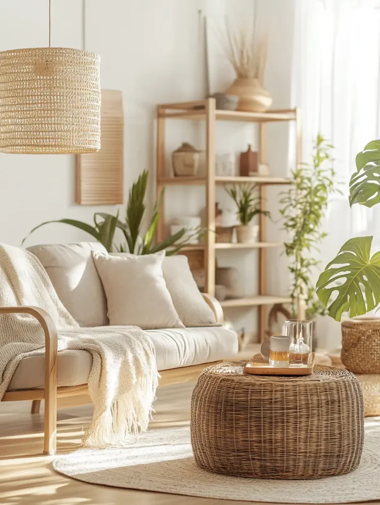 Bright and airy boho-style living room with rattan furniture, neutral tones, and lush green plants.