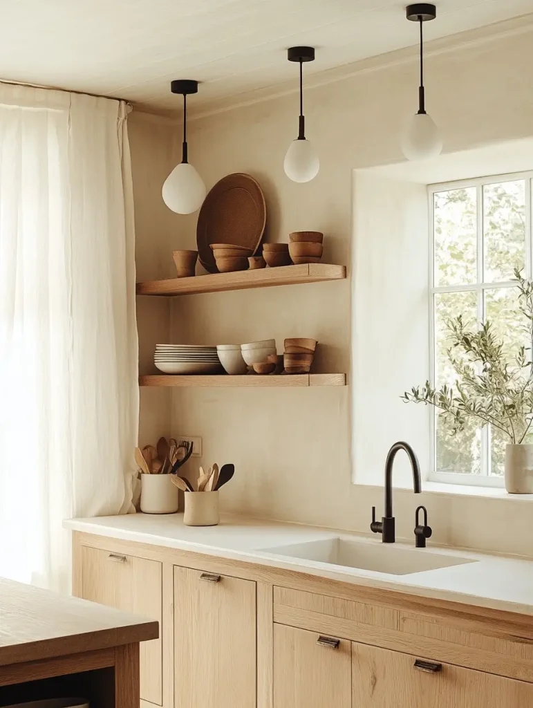 Japandi kitchen with natural wood cabinets, open shelves, matte black faucet, and soft neutral tones.