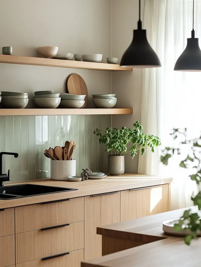 Minimalist Japandi kitchen with natural wood cabinetry, black fixtures, open shelving, and soft green tile backsplash.