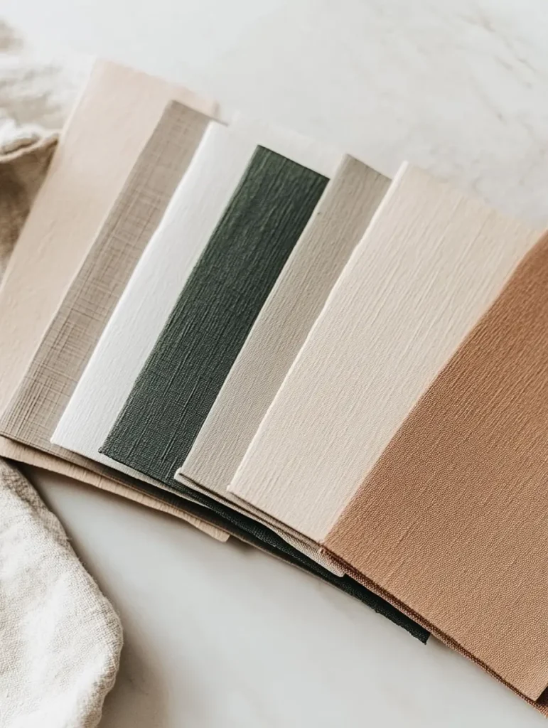 Japandi-inspired color palette samples in soft neutrals, beige, greige, charcoal, and earthy tones.