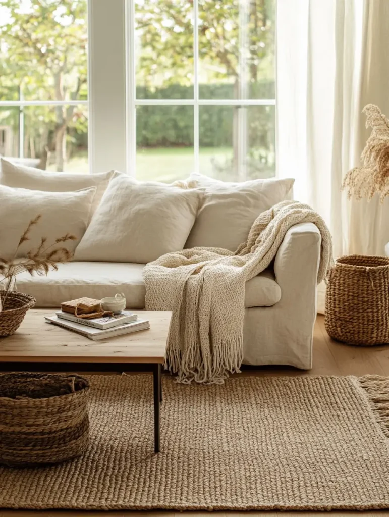 Cozy living room with a cream sofa, knit throw, jute rug, and woven baskets creating layered natural