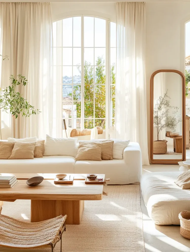 Bright living room with floor-to-ceiling arched windows, white sofas, neutral-toned pillows, and natural wood furniture bathed in sunlight.