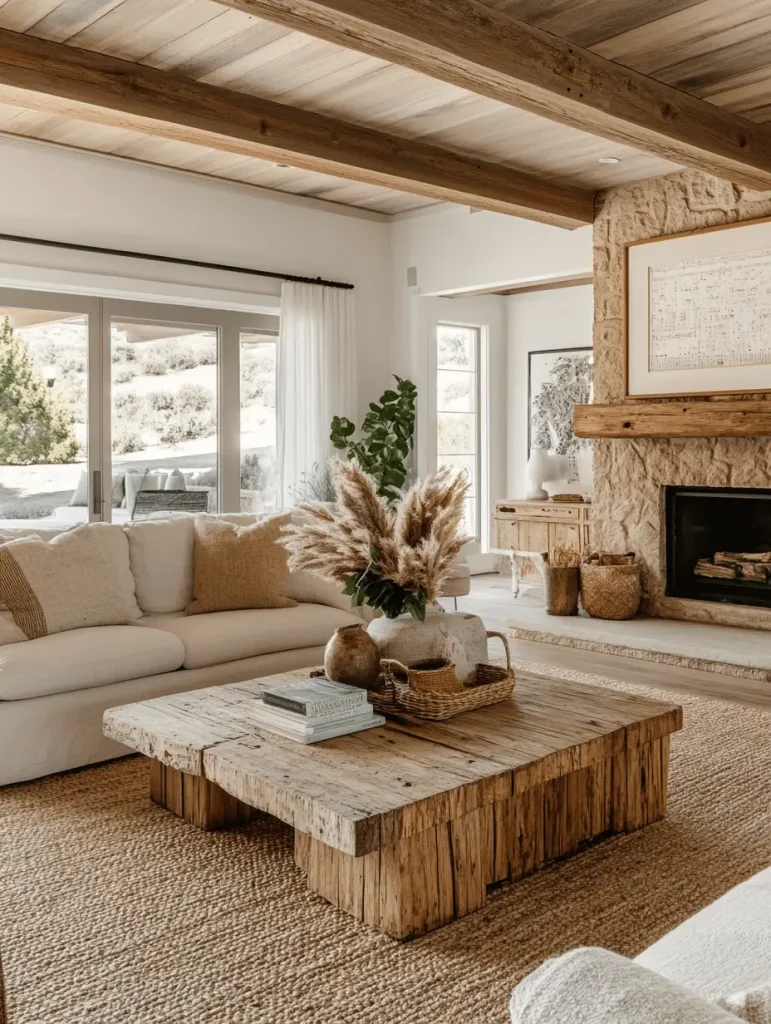 Cozy living room with exposed wood beams, rustic wood coffee table, stone fireplace, and neutral decor.