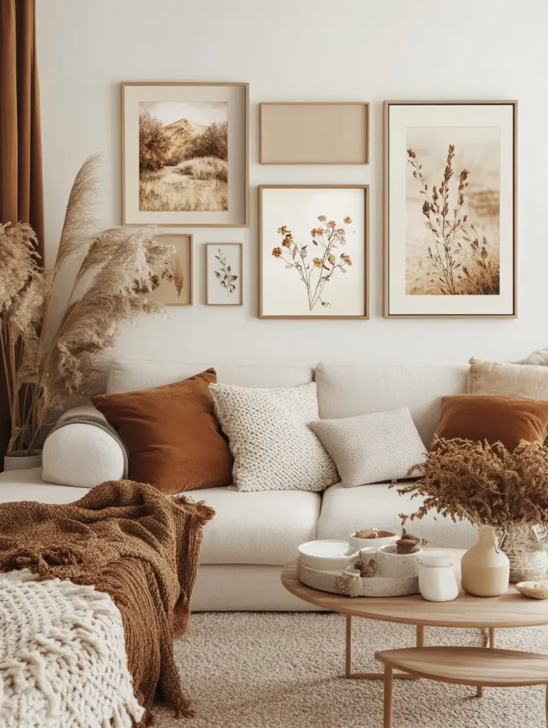 Neutral-toned living room with a gallery wall of botanical and nature-inspired art, featuring a cream sofa, cozy throw blankets, and dried florals on a wooden coffee table.