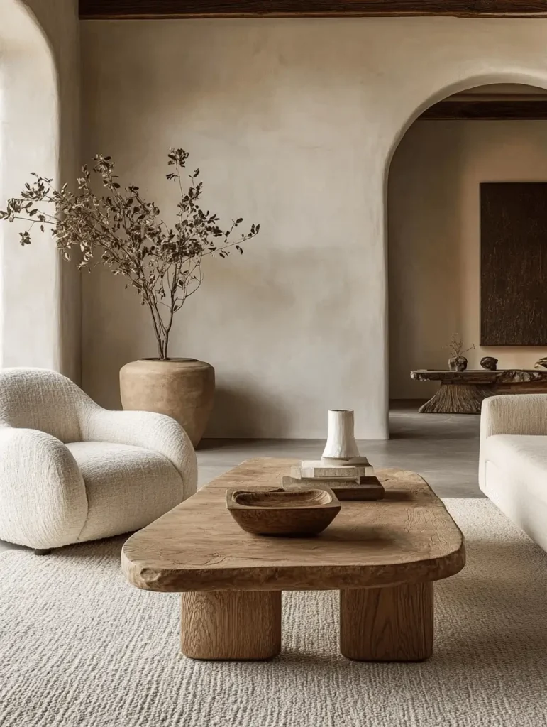 Minimalist living room with a rounded, white upholstered armchair draped with a soft knit blanket.