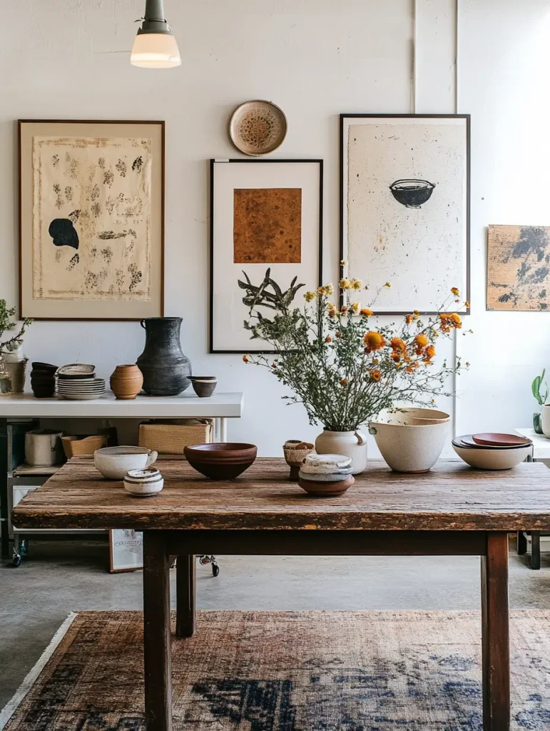 Rustic interior with handcrafted ceramic pottery, vintage wood table, framed abstract wall art, and fresh floral arrangement.