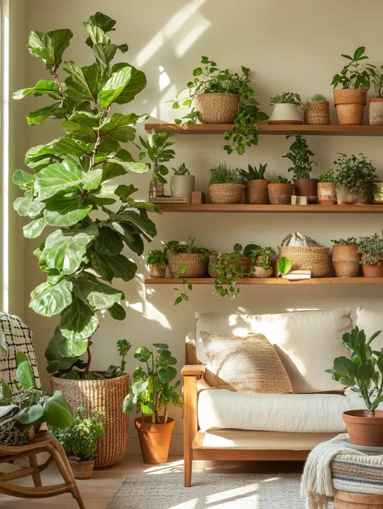 Cozy corner of a living room filled with indoor plants on wooden shelves and in woven pots, with a cream-colored armchair and sunlight streaming in.