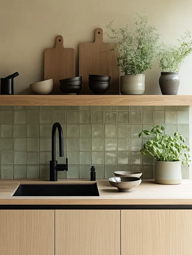 Small Japandi-style kitchen with sage green tile backsplash, matte black faucet, and floating oak shelves.