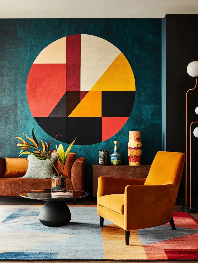 Modern living room with a large geometric mural, bold color accents, and stylish furniture.