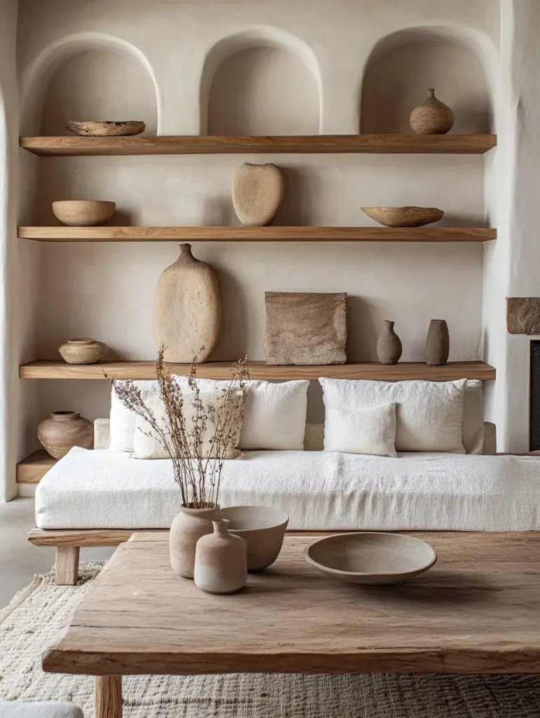 Earthy living room with wooden shelves showcasing clay and stone pottery, a white cushioned bench, and a rustic wooden coffee table.