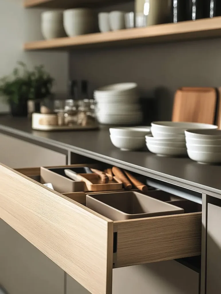 Minimalist Japandi kitchen drawer with organized compartments, neutral-toned cabinetry, and open shelving with neatly stacked dishware.