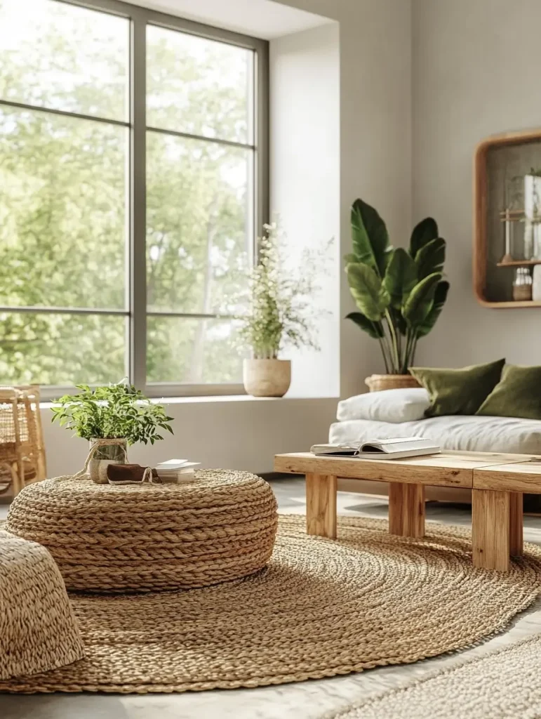 Bright eco-friendly living room with woven natural decor, large windows, wood furniture, and potted indoor plants.