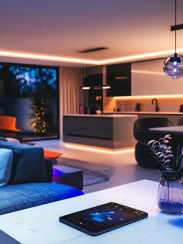 Modern smart home interior with ambient LED lighting, a sleek kitchen, and a tablet on a marble table displaying home automation controls.