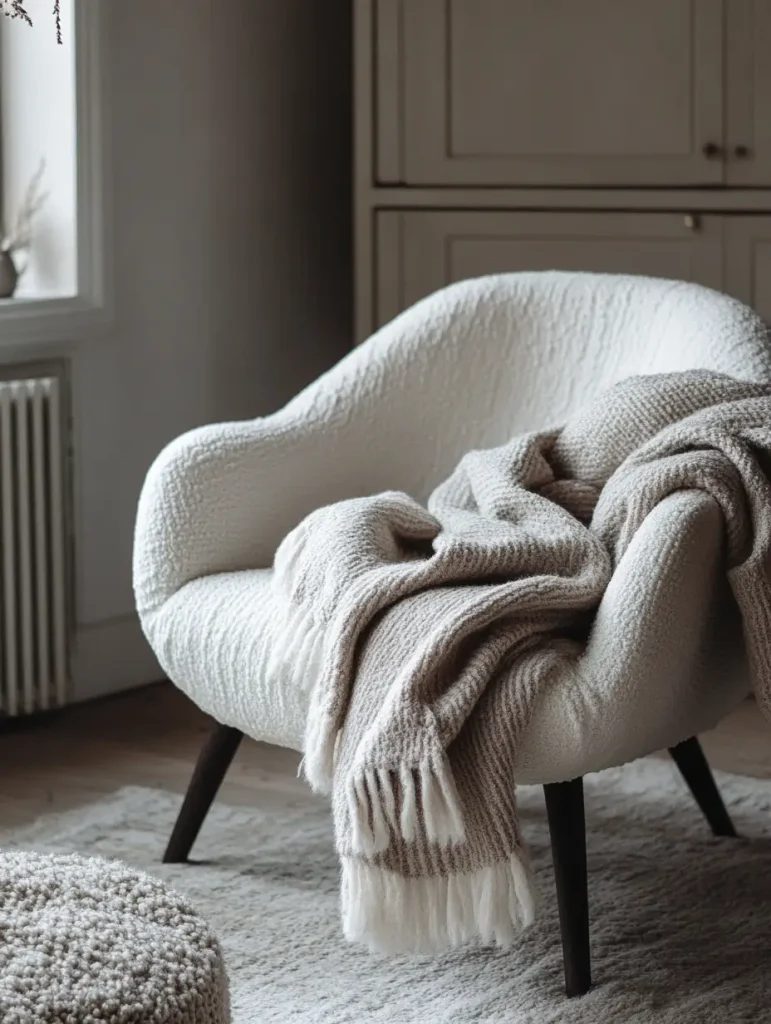 Cozy white accent chair with layered knit throw blanket in a soft, neutral-toned room featuring textured decor elements.