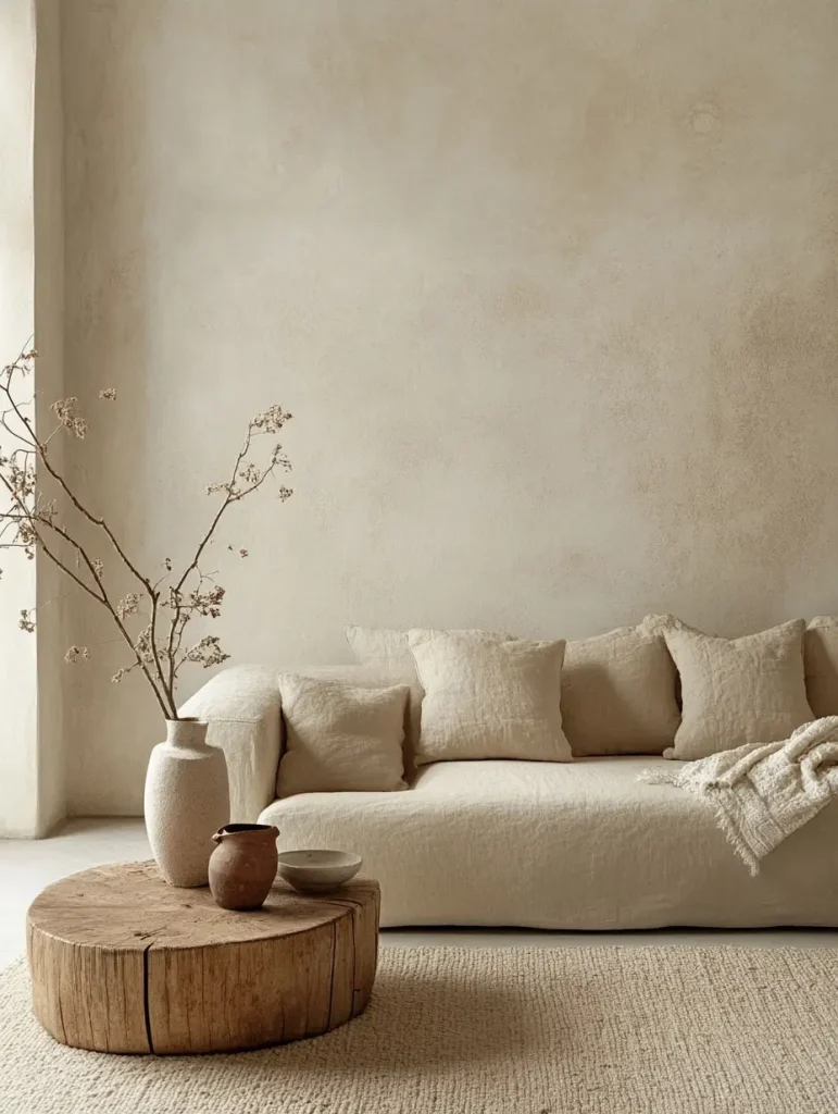 Minimalist living room with a limewashed textured wall, a low-profile beige sofa, a round wooden coffee table, and neutral-toned ceramic decor.