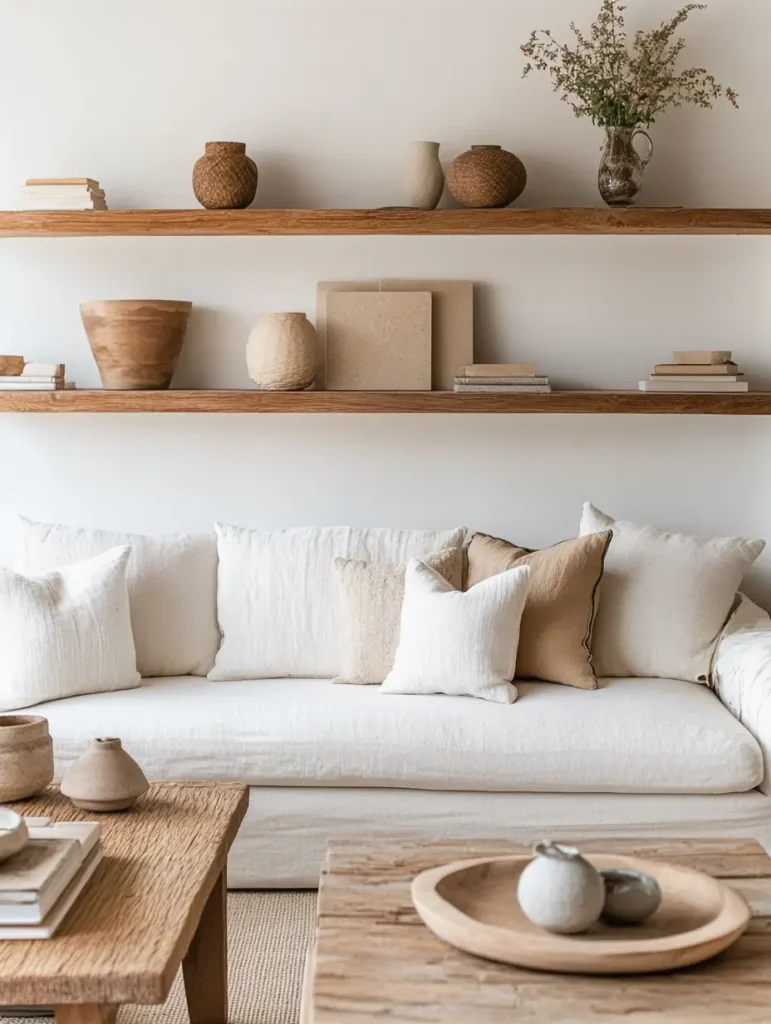 Neutral-toned living room with floating wood shelves, a white sofa, and minimalist pottery and decor elements.