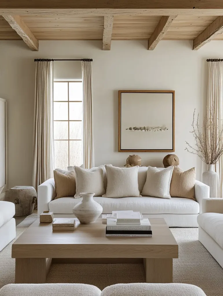 Minimalist neutral-toned living room with wood ceiling beams, white sofas, and a central wood coffee table.