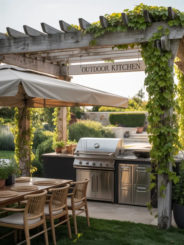 Backyard outdoor kitchen under a wooden pergola with climbing vines, stainless steel grill, counter space, and dining table with chairs providing shaded comfort.