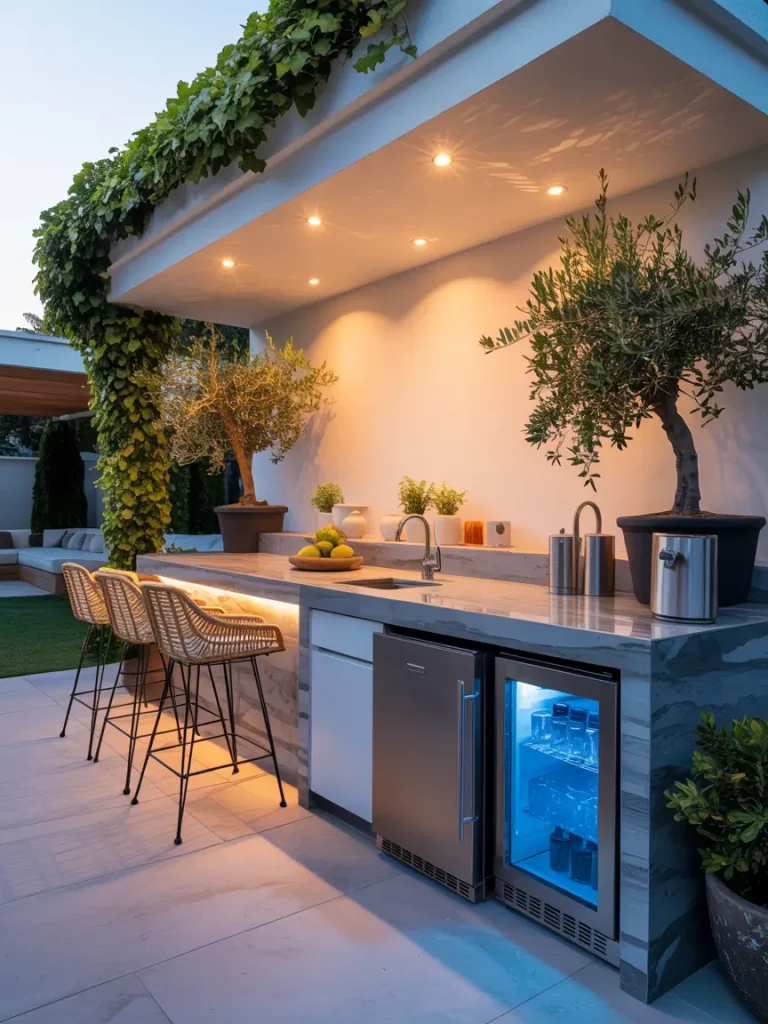 Modern outdoor kitchen with built-in beverage station, bar seating, and under-counter refrigerator illuminated at dusk.