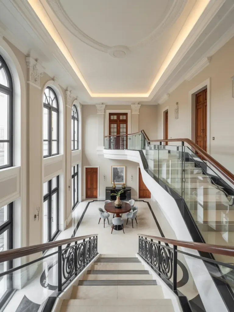 Grand staircase with ornate railings and double-height windows in a luxury home entryway.