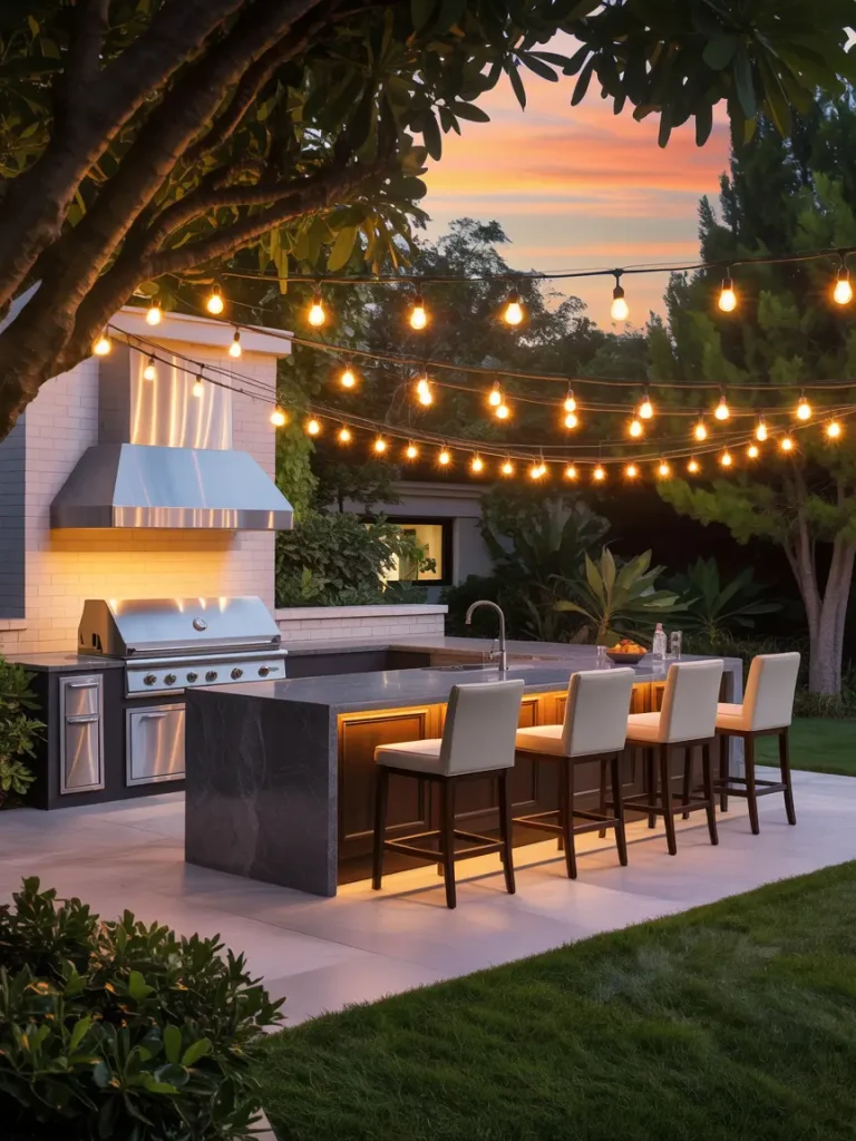 Backyard outdoor kitchen with string lights, modern grill, and bar seating at sunset.