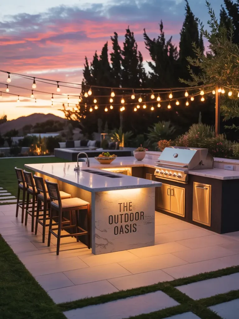 Luxury backyard outdoor kitchen with marble countertop, built-in grill, bar seating, and string lights at sunset.