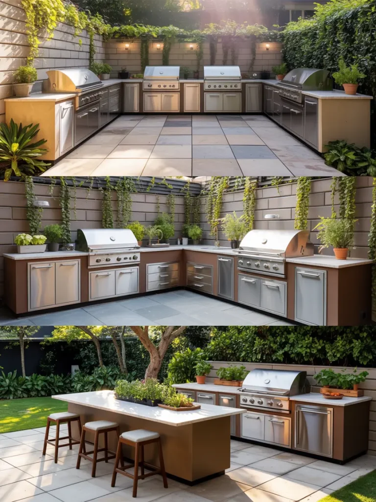 Modern backyard outdoor kitchen layout featuring multiple stainless steel grills, spacious countertops, and built-in cabinetry, surrounded by greenery and potted plants.