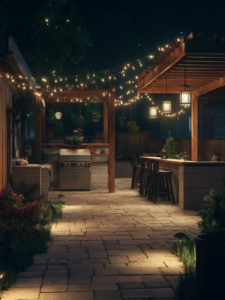 Backyard outdoor kitchen with string lights, pergola, and built-in grill at night.