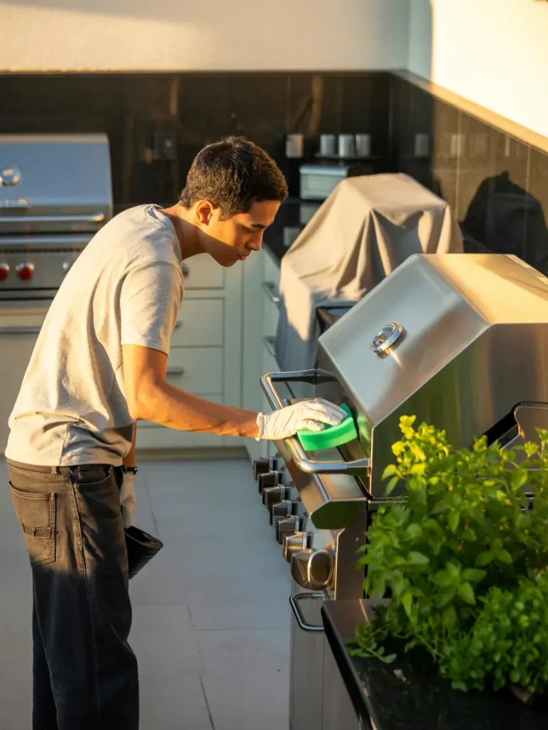 Person cleaning a stainless steel outdoor grill in a backyard kitchen setup, wearing gloves and using a sponge, with fresh herbs on the counter nearby.