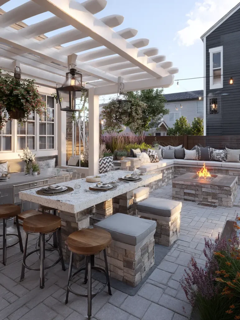 Backyard outdoor kitchen with stone seating, cushioned stools, pergola, and built-in fire pit for cozy dining and entertaining.”