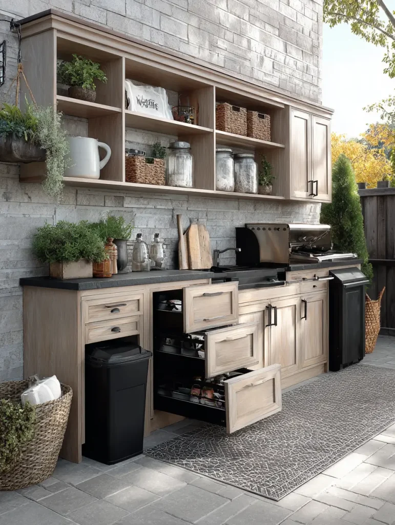 Backyard outdoor kitchen with modern wood cabinetry, built-in grill, black countertop, and organized storage drawers, perfect for maximizing space.