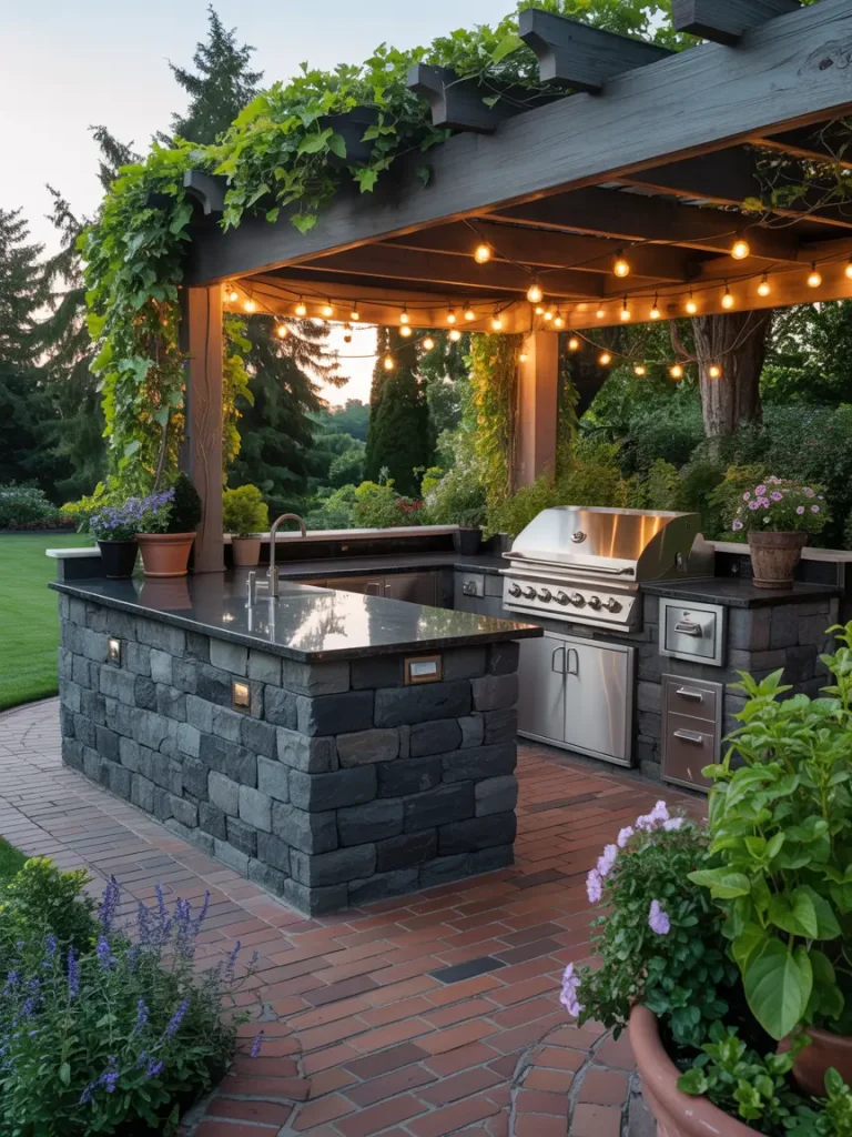 Outdoor kitchen with stone countertops and stainless steel appliances under a pergola, surrounded by lush greenery, potted plants, and string lights.