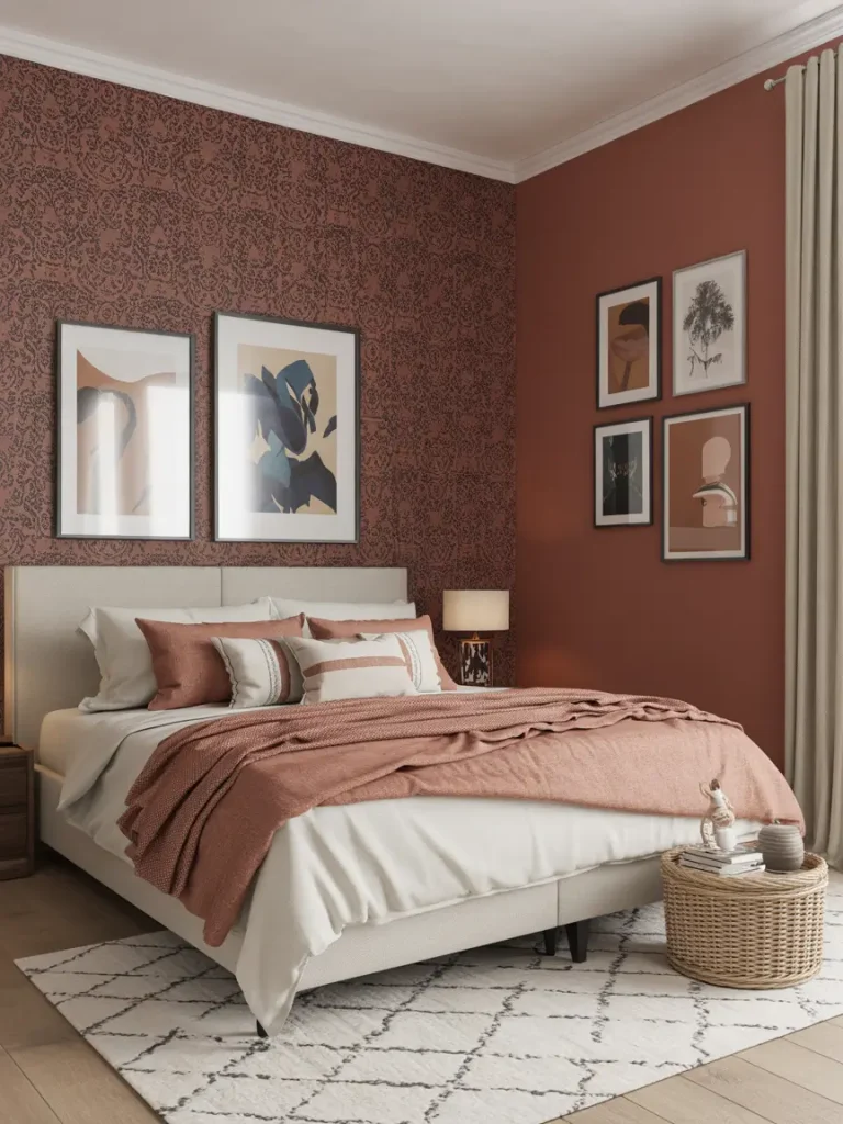Boho bedroom with earthy accent wall featuring framed artwork, cozy bedding in warm tones, and natural woven elements for a stylish look.