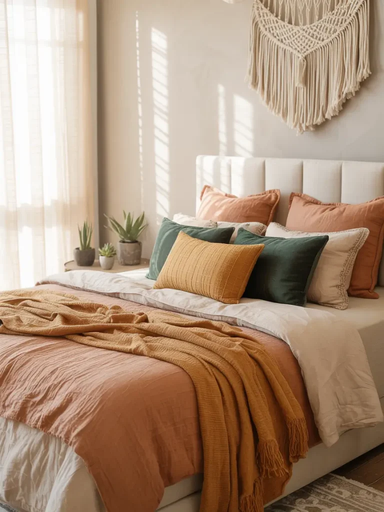 Cozy boho bedroom with warm earthy color palette featuring rust, mustard, and neutral tones. The bed is layered with textured blankets and accent pillows, complemented by a macramé wall hanging and potted plants.