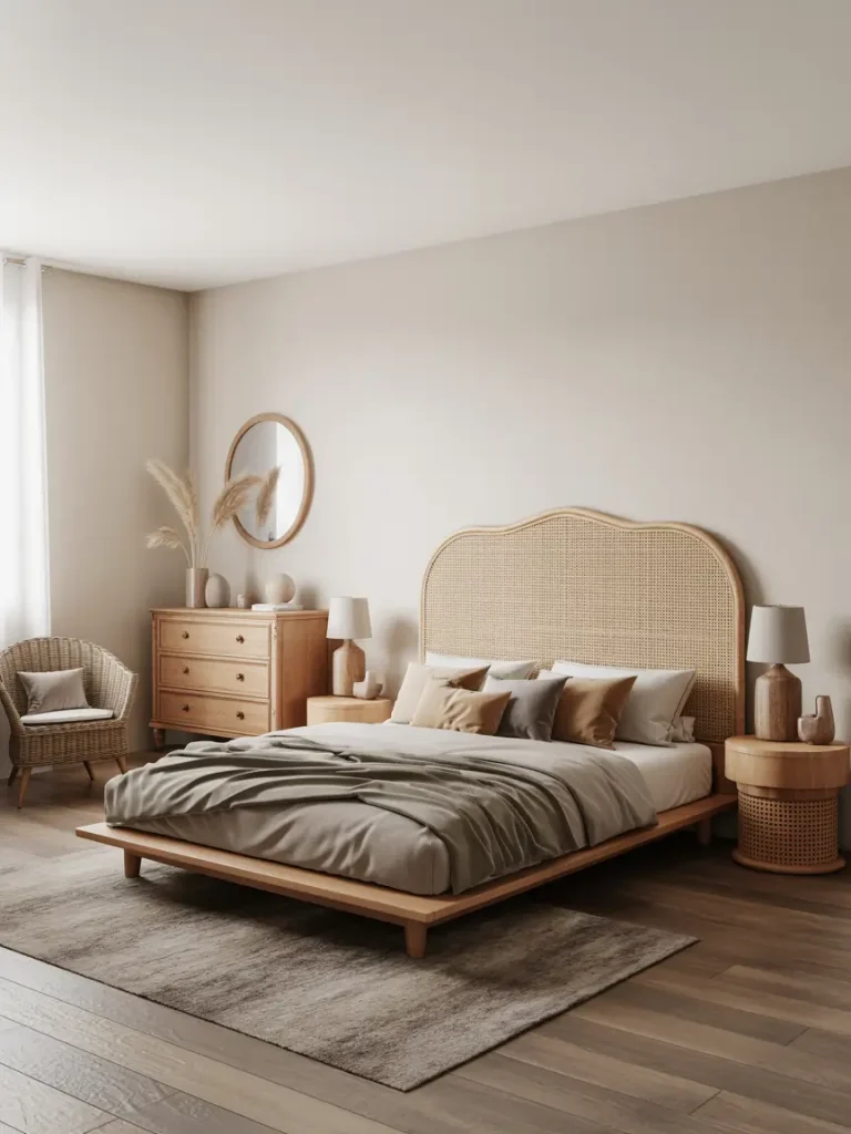 Minimalist boho bedroom with rattan furniture, including a woven headboard, wooden dresser, and wicker chair, styled in soft neutral tones.