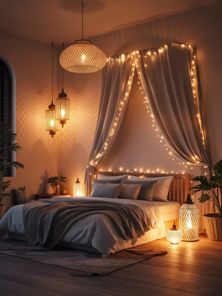 Boho bedroom with cozy layered lighting, featuring hanging woven pendant lamps, fairy lights draped over a canopy, and warm bedside lanterns.