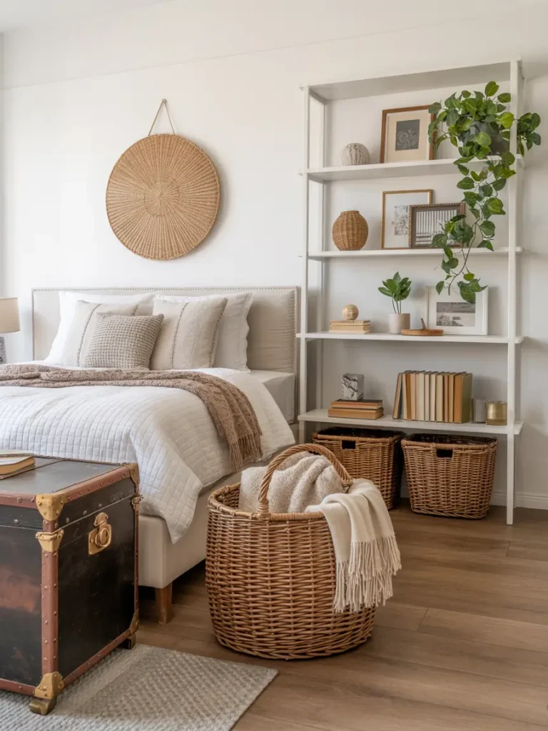 Boho bedroom with neutral tones, wicker baskets, and open shelving for stylish storage.