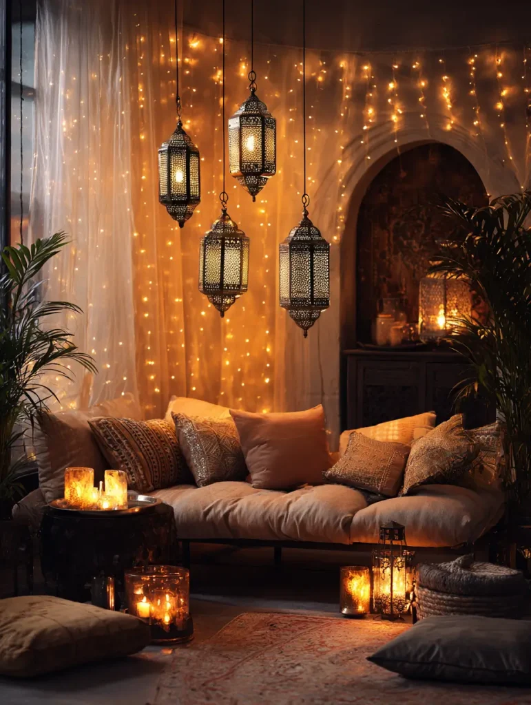 Cozy boho living room with Moroccan lanterns, string lights, and warm candlelight.