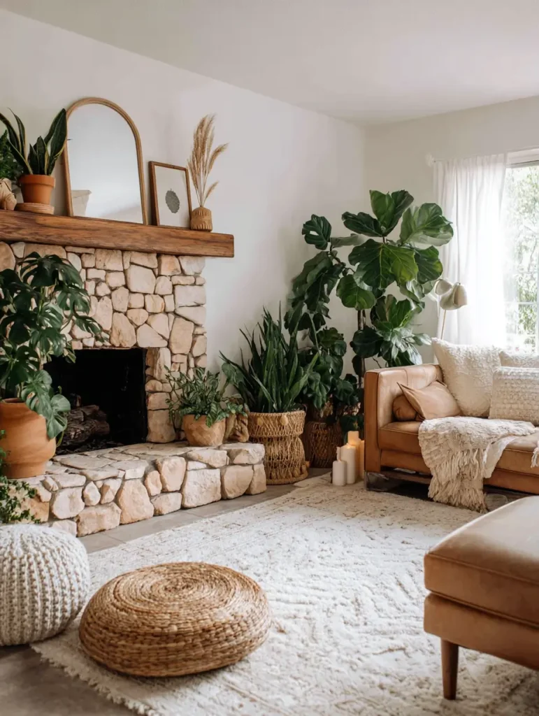 Boho living room with stone fireplace, lush indoor plants, and natural woven accents.