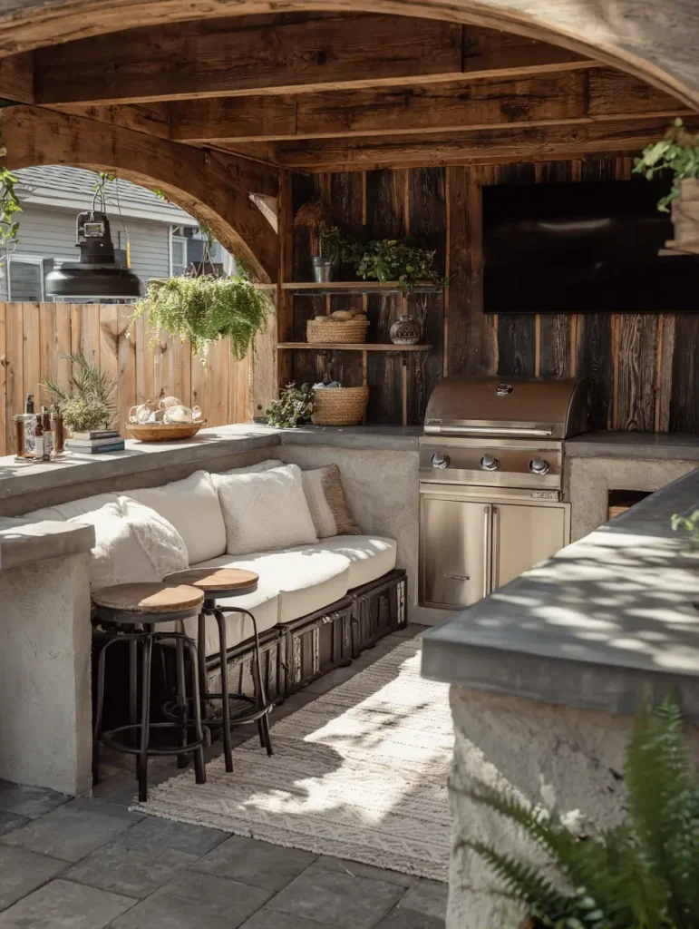 Rustic budget-friendly backyard outdoor kitchen with a cozy built-in sofa, wooden shelves, stainless steel grill, and natural wood accents under a covered patio.