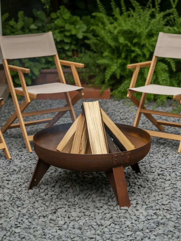 Budget-friendly fire pit design with a rustic metal bowl, wooden logs, and folding chairs on gravel.