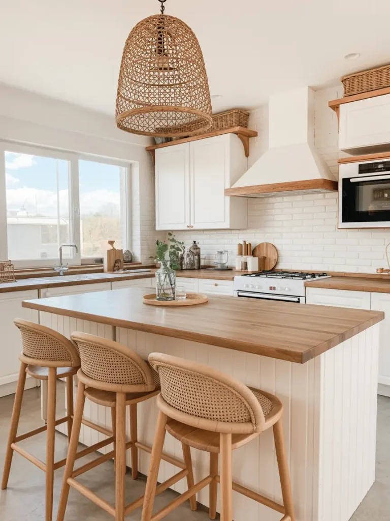 White kitchen with butcher block countertops, rattan bar stools, and woven pendant light.