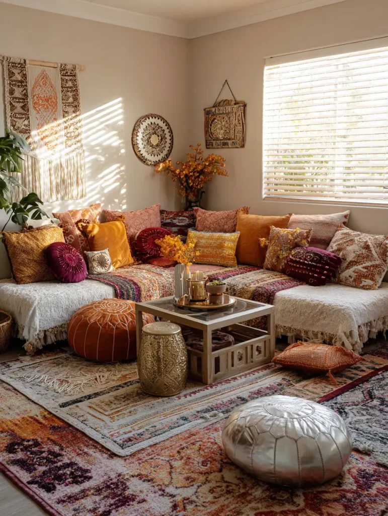 Boho living room with layered rugs, colorful patterned throw pillows, and vibrant textiles in warm earthy tones.