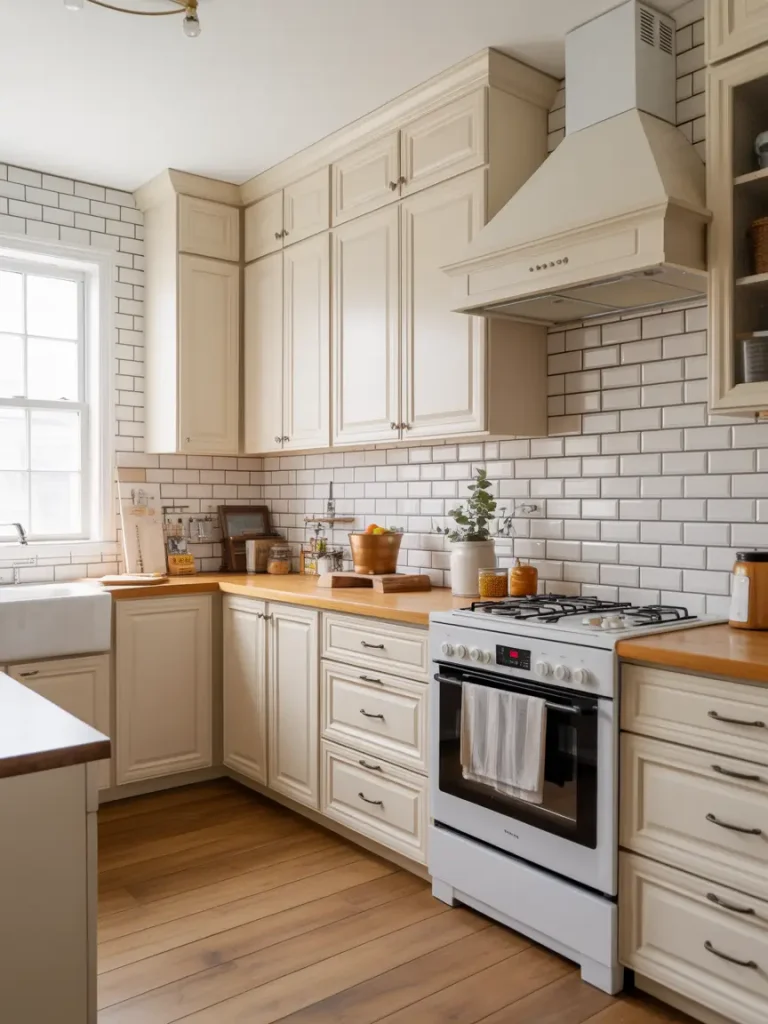 Classic white shaker cabinets in a bright kitchen with wood countertops, subway tile backsplash, and farmhouse sink.