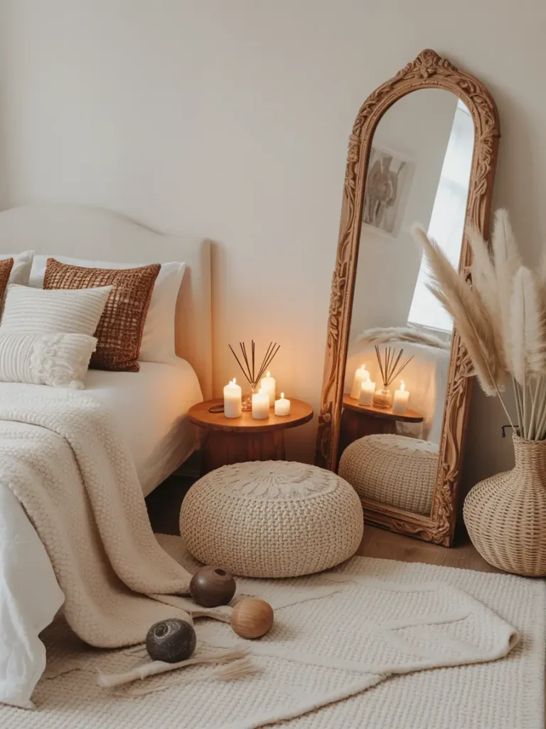 Cozy boho bedroom corner with knitted pouf, candles, and wicker accents.