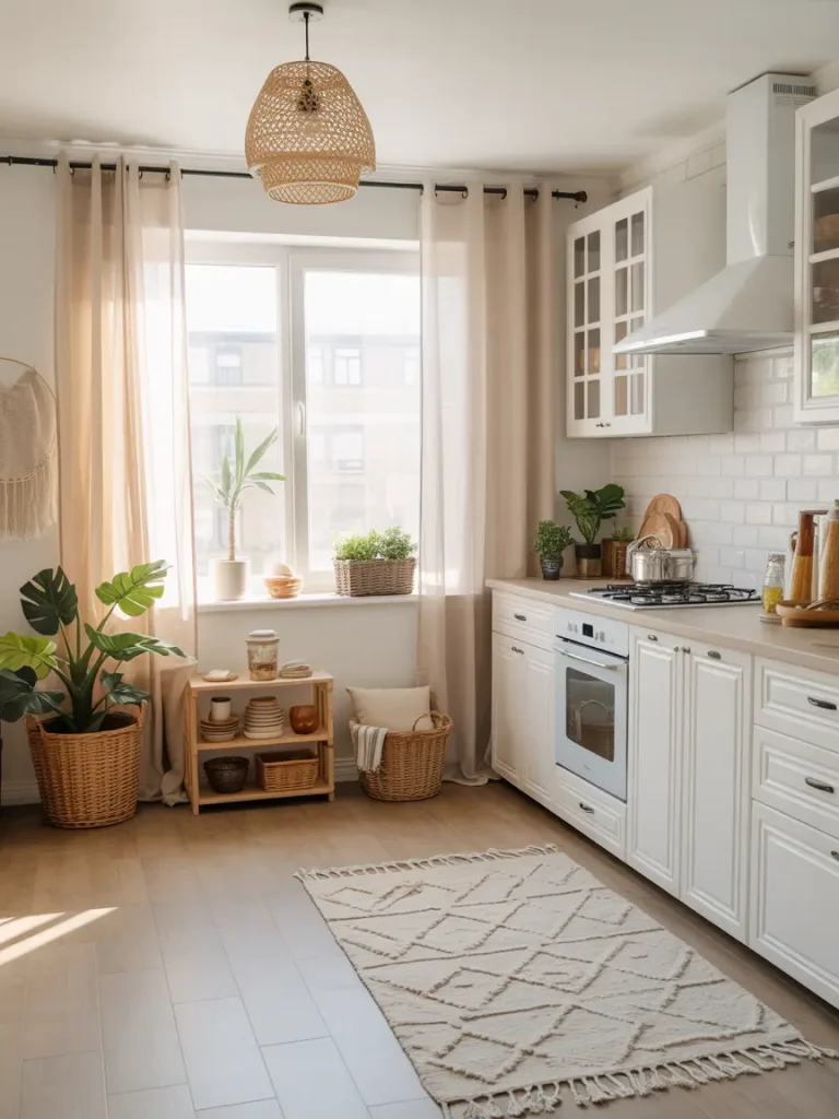 Cozy white kitchen decorated with natural light, rattan baskets, indoor plants, and warm wooden accents.