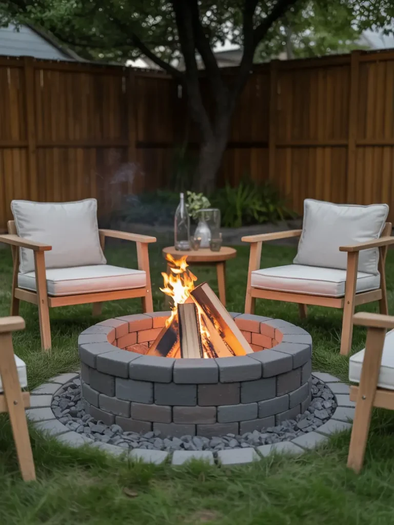 DIY outdoor fire pit built with stacked gray bricks, surrounded by cushioned wooden chairs in a backyard setting.