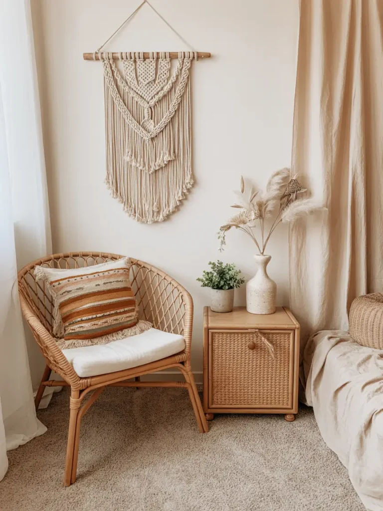 Cozy boho bedroom corner with wicker chair, textured pillow, woven nightstand, and macramé wall hanging in neutral tones.