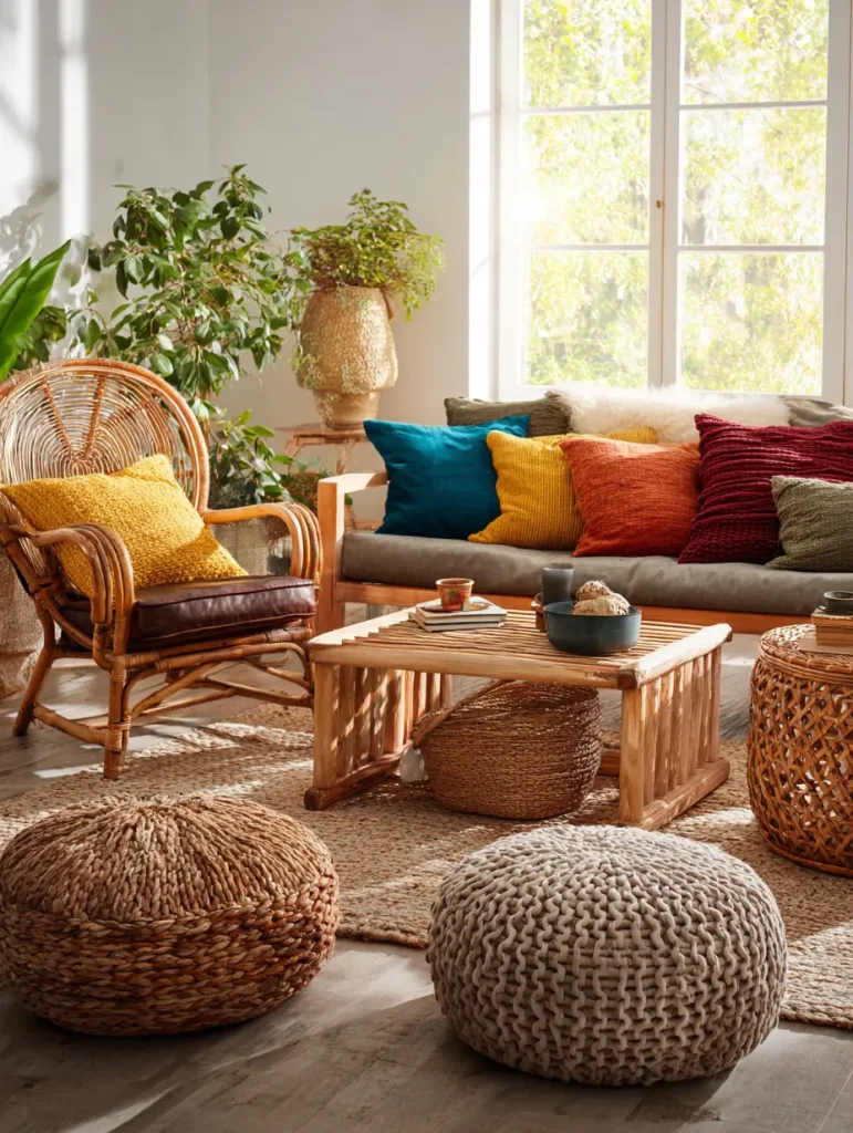 Cozy boho living room with rattan chair, colorful throw pillows, wooden coffee table, woven poufs, and lush green plants.