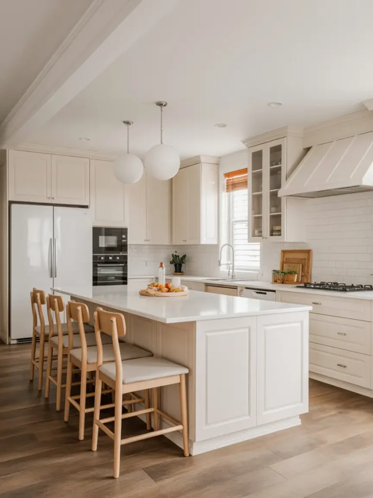 Family-friendly white kitchen with island seating and modern design